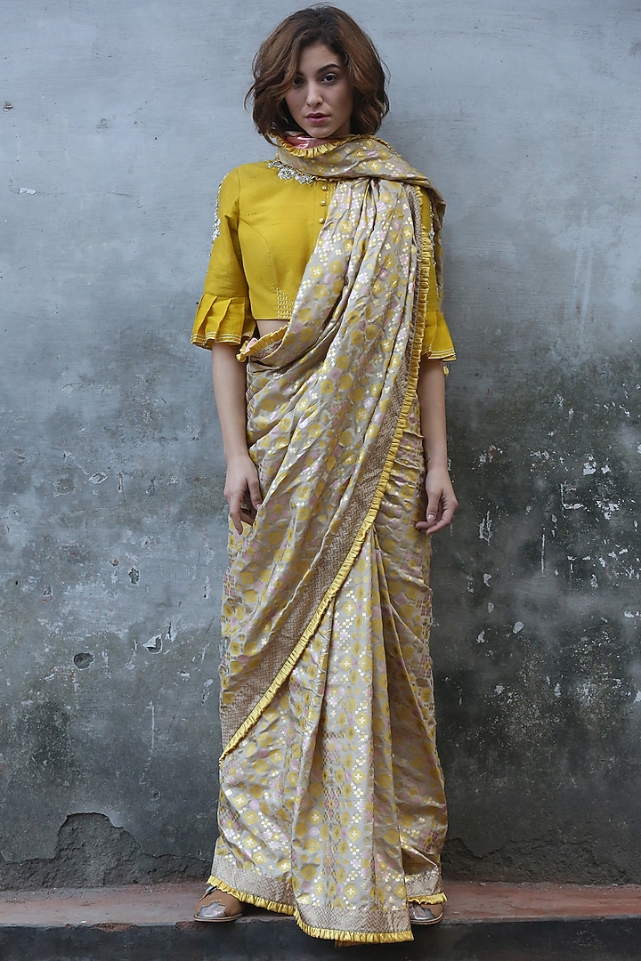 Beige Gold Printed Wedding Saree Set by I AM DESIGN at Pernia's Pop Up Shop