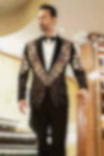 Black Magna Thread & Cutdana Embroidered Tuxedo Set by Bharat Reshma at Pernia's Pop Up Shop