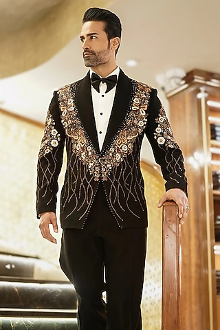 Black Magna Thread & Cutdana Embroidered Tuxedo Set by Bharat Reshma