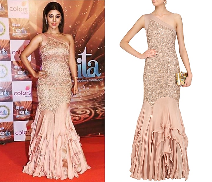 Golden lace work one shoulder frilled gown available only at Pernia's Pop Up Shop.