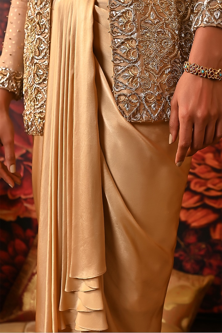 Gold Pure Silk Organza Printed & Embellished Jacket Set by MOLEDRO at Pernia's Pop Up Shop