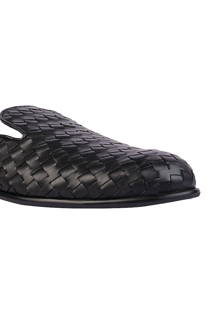 Black Vegan Leather Hand Woven Mules by SKO Men at Pernia's Pop Up Shop