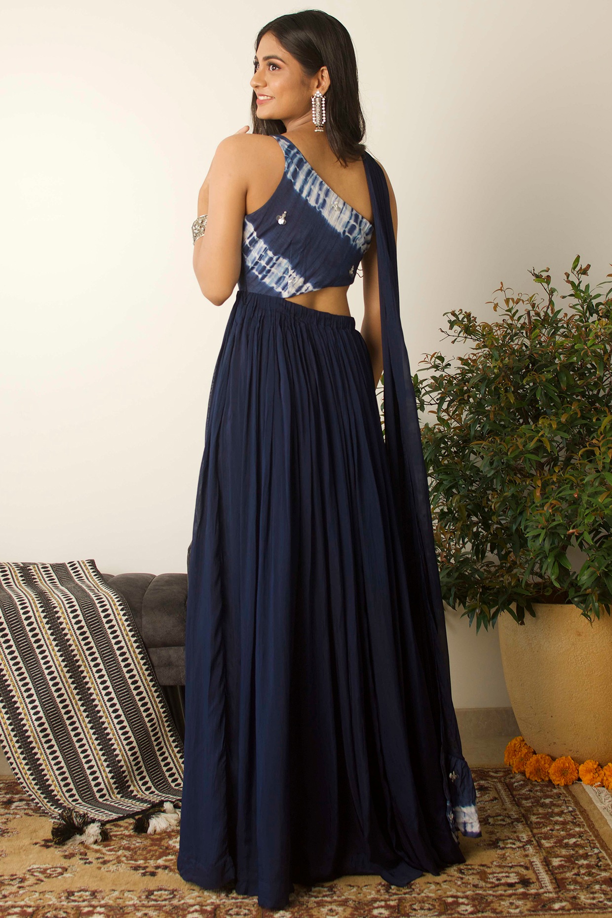 Dark Navy Blue Tie-Dye One-Shoulder 