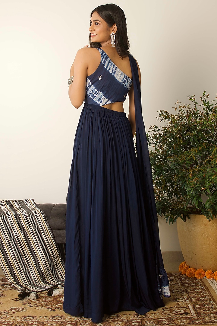 Dark Navy Blue Tie-Dye One-Shoulder Gown by Dhwaja at Pernia's Pop Up Shop
