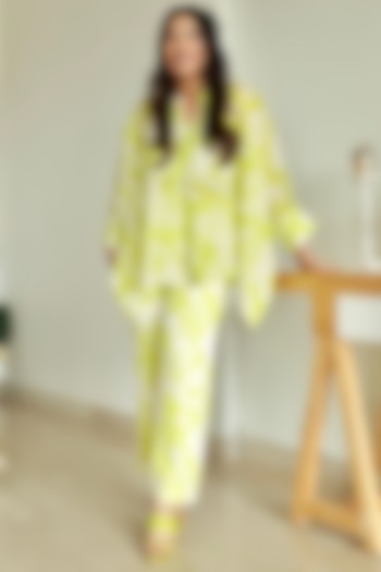 Spring Green Pearl Chiffon Asymmetrical Co-Ord Set by Label Deepika Nagpal at Pernia's Pop Up Shop