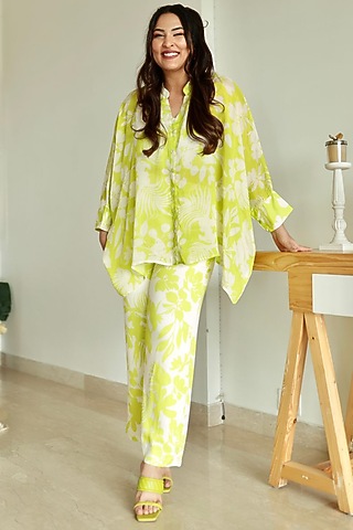 Spring Green Pearl Chiffon Asymmetrical Co-Ord Set by Label Deepika Nagpal