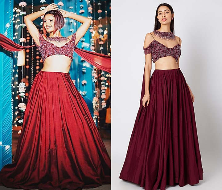 Wine Embroidered Wedding Lehenga Set by Dhwaja at Pernia's Pop Up Shop