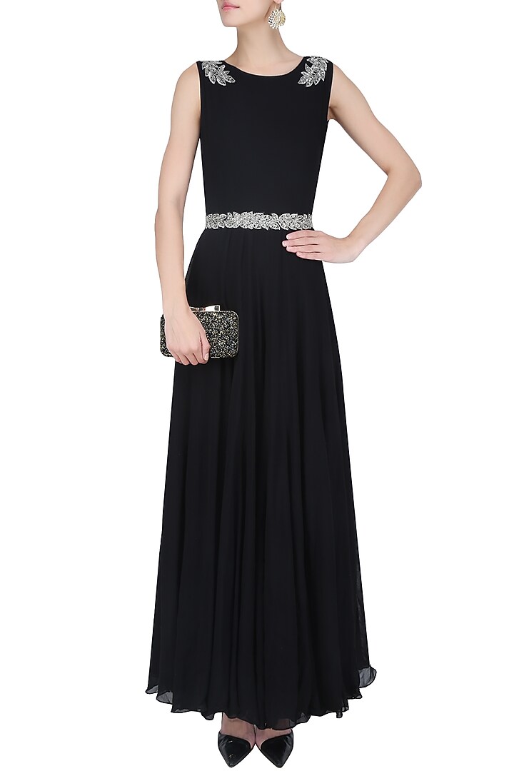 Black and silver floral embroidered anarkali set available only at Pernia's Pop Up Shop.