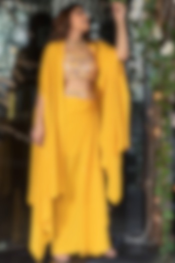 Mustard Yellow Draped Skirt Set With Cape by Nitara Dhanraj Label