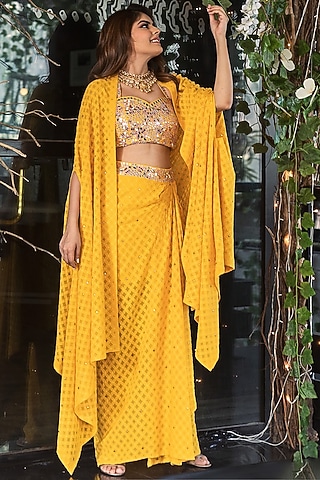 Mustard Yellow Draped Skirt Set With Cape by Nitara Dhanraj Label