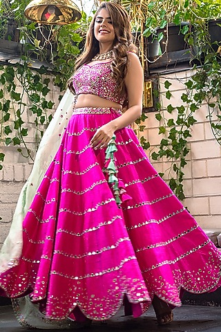 Hot Pink Mirror Embroidered Lehenga Set by Nitara Dhanraj Label