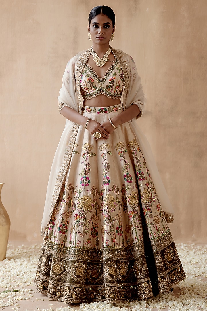 Ivory & Green Raw Silk Embroidered Bridal Lehenga Set by AMAN TAKYAR at Pernia's Pop Up Shop