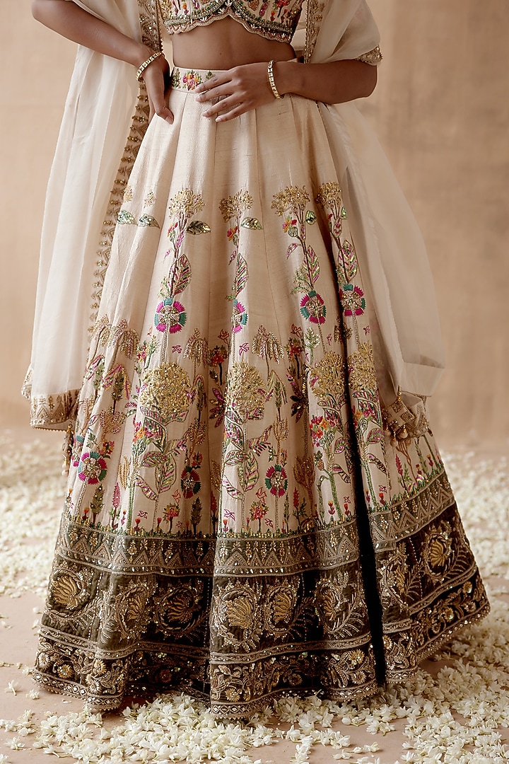 Ivory & Green Raw Silk Embroidered Bridal Lehenga Set by AMAN TAKYAR at Pernia's Pop Up Shop