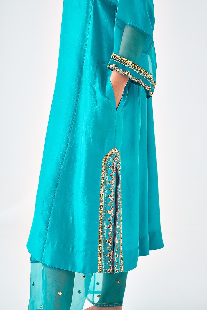 Turquoise Dupion Silk Embroidered Kurta Set by JANKI INDIA at Pernia's Pop Up Shop