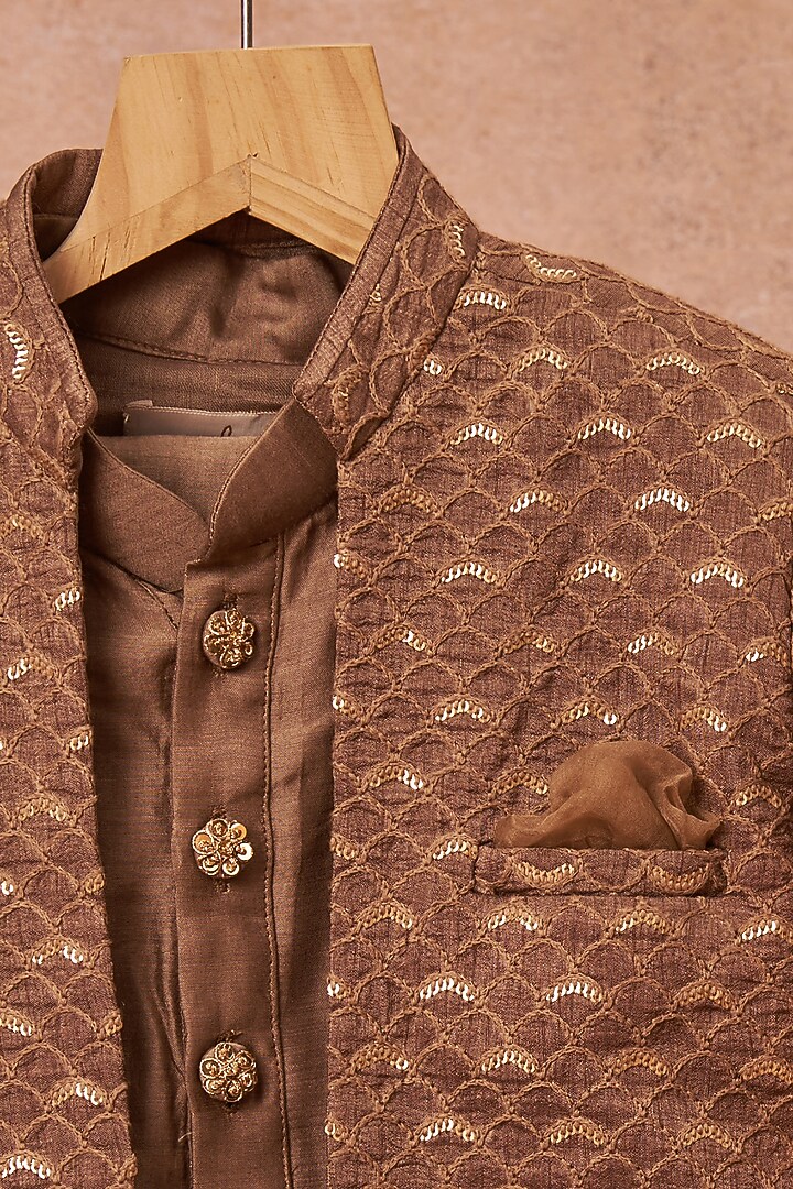 Brown Banglore Silk Achkan Jacket With Kurta Set by All Boy Couture at Pernia's Pop Up Shop