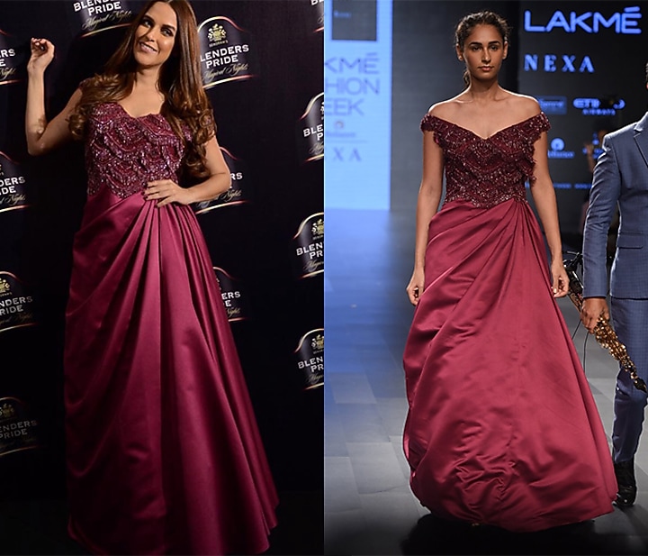 Wine embroidered off shoulder flounce gown available only at Pernia's Pop Up Shop.