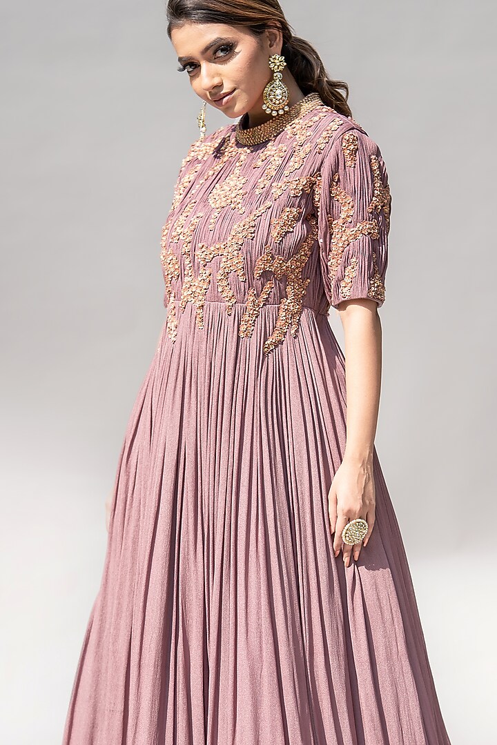 Mauve Chinon Floral Embellished Ruched Maxi Cocktail Dress by Abstract By Megha Jain Madaan at Pernia's Pop Up Shop