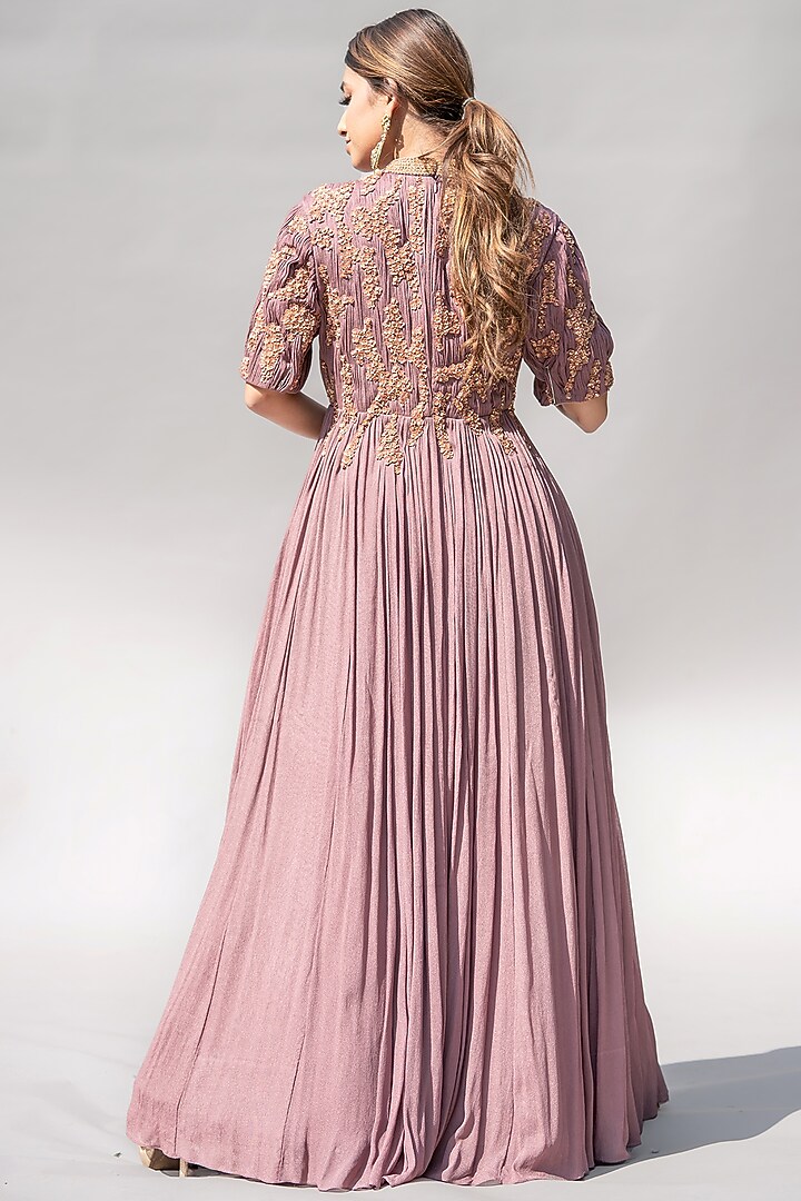 Mauve Chinon Floral Embellished Ruched Maxi Cocktail Dress by Abstract By Megha Jain Madaan at Pernia's Pop Up Shop