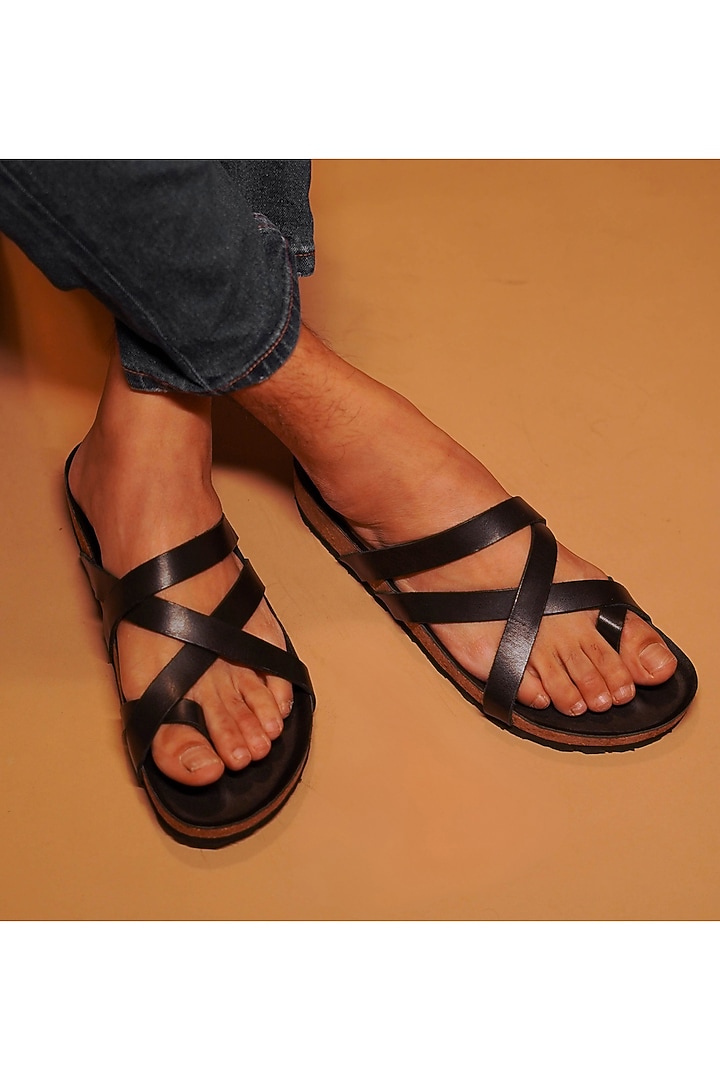 Black Full Grain Leather Sandals by Dmodot at Pernia's Pop Up Shop