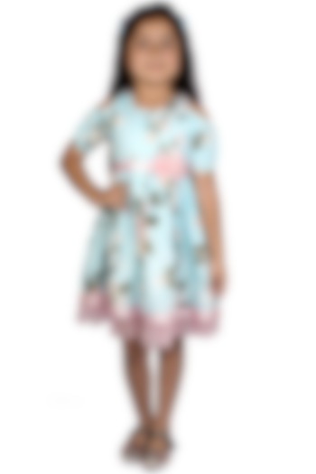 Sky Blue Printed Cold-Shoulder Flared Dress For Girls by Ribbon Candy