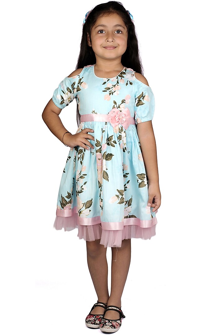 Sky Blue Printed Cold-Shoulder Flared Dress For Girls by Ribbon Candy