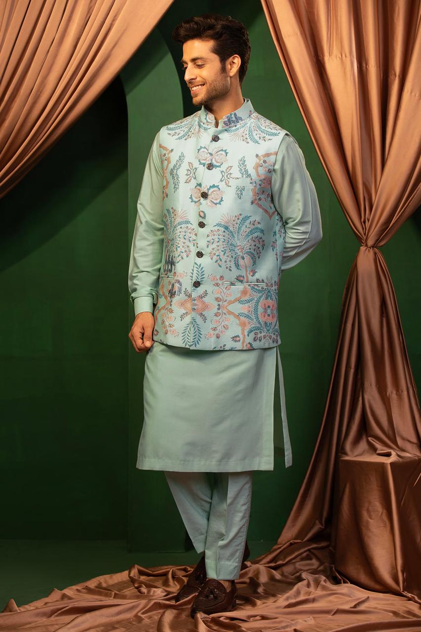 Sky Blue Silk Bead Embroidered & Digital Printed Nehru Jacket Set by Design O Stitch Men at Pernia's Pop Up Shop