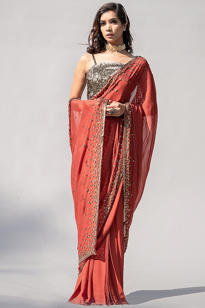 Red Chinon Embellished Skirt Saree Set by Abstract By Megha Jain Madaan