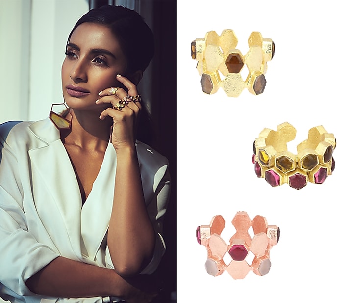 Gold finish bear and pink quartz beehive ring available only at Pernia's Pop Up Shop.