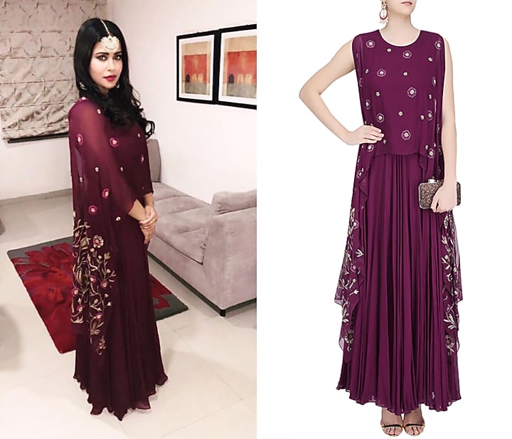 Plum floral motifs flared anarkali with attached dupatta available only at Pernia's Pop Up Shop.