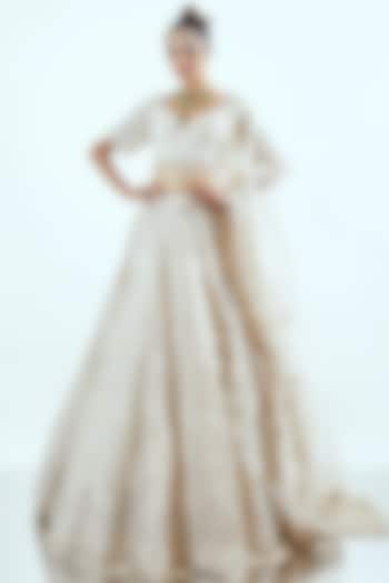 Ivory Organza Crystal & Pearls Hand Embroidered Bridal Lehenga Set by Pallavi Poddar (India) at Pernia's Pop Up Shop