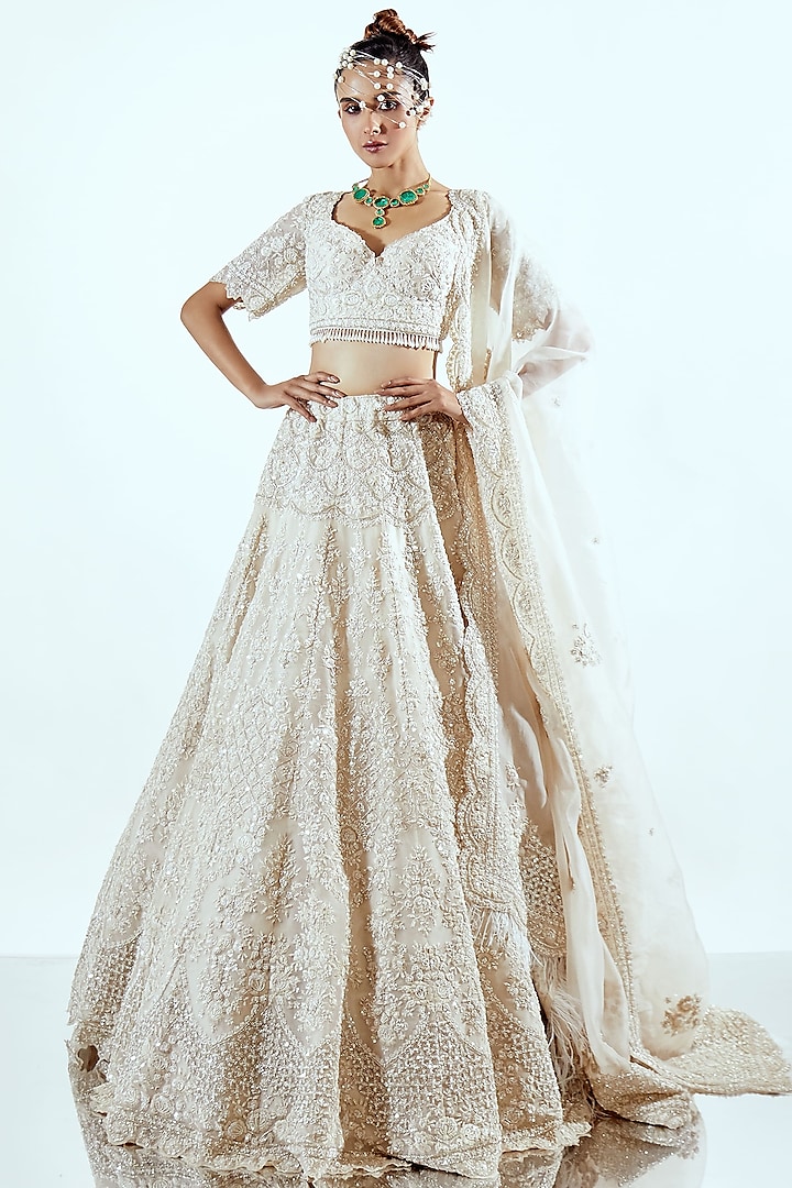 Ivory Organza Crystal & Pearls Hand Embroidered Bridal Lehenga Set by Pallavi Poddar (India) at Pernia's Pop Up Shop