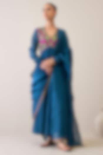 Indigo Blue Pure Silk Chanderi & Pure Cotton Mulmul Resham Embroidered Party Wear Anarkali Set by RoohbyRidhimaa at Pernia's Pop Up Shop