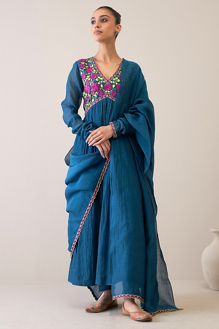 Indigo Blue Pure Silk Chanderi & Pure Cotton Mulmul Resham Embroidered Party Wear Anarkali Set by RoohbyRidhimaa at Pernia's Pop Up Shop