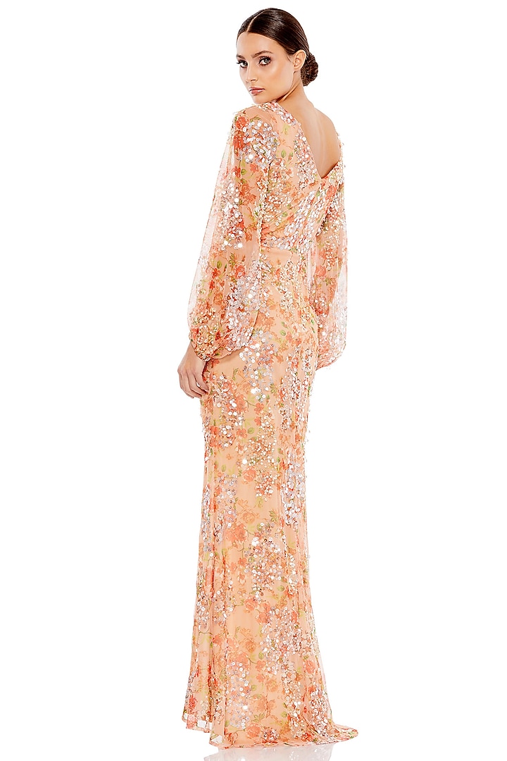 Apricot Polyester Floral Printed & Embellished Slit Engagement Gown by Mac Duggal at Pernia's Pop Up Shop