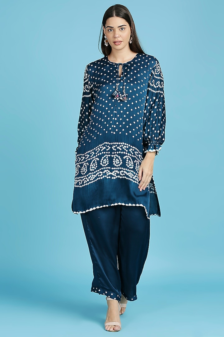 Teal Blue Silk Bandhani Kurta Set by ILAPTI at Pernia's Pop Up Shop