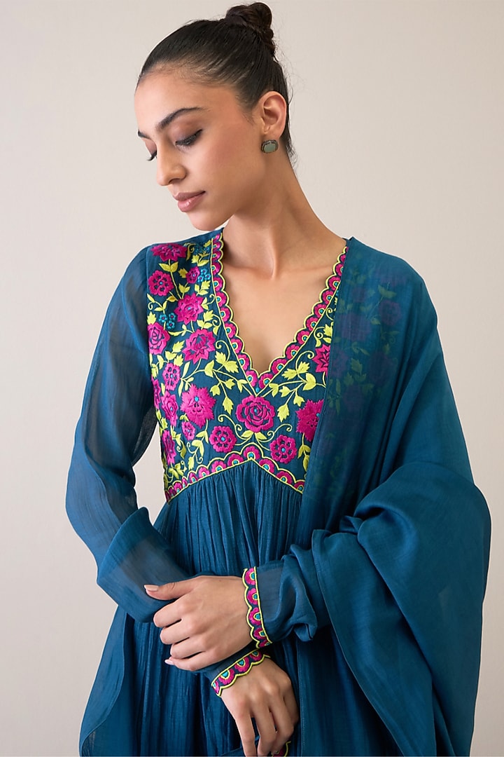 Indigo Blue Pure Silk Chanderi & Pure Cotton Mulmul Resham Embroidered Party Wear Anarkali Set by RoohbyRidhimaa at Pernia's Pop Up Shop