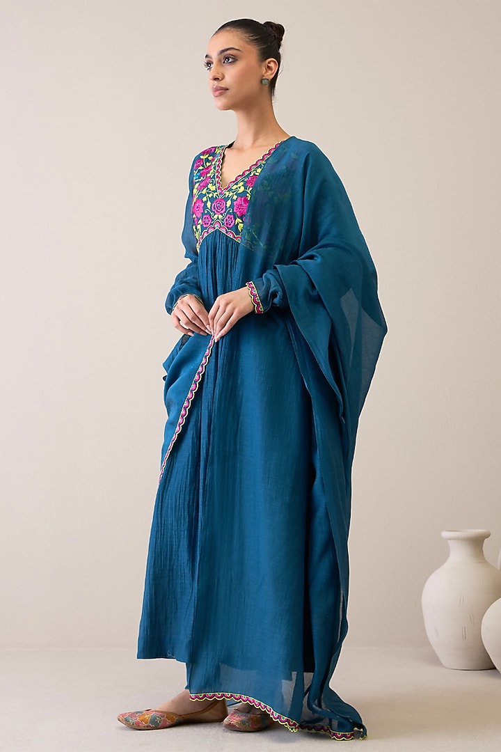Indigo Blue Pure Silk Chanderi & Pure Cotton Mulmul Resham Embroidered Party Wear Anarkali Set by RoohbyRidhimaa at Pernia's Pop Up Shop