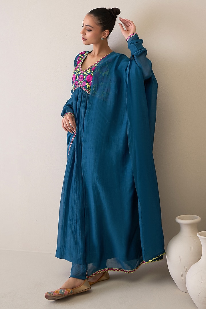 Indigo Blue Pure Silk Chanderi & Pure Cotton Mulmul Resham Embroidered Party Wear Anarkali Set by RoohbyRidhimaa at Pernia's Pop Up Shop