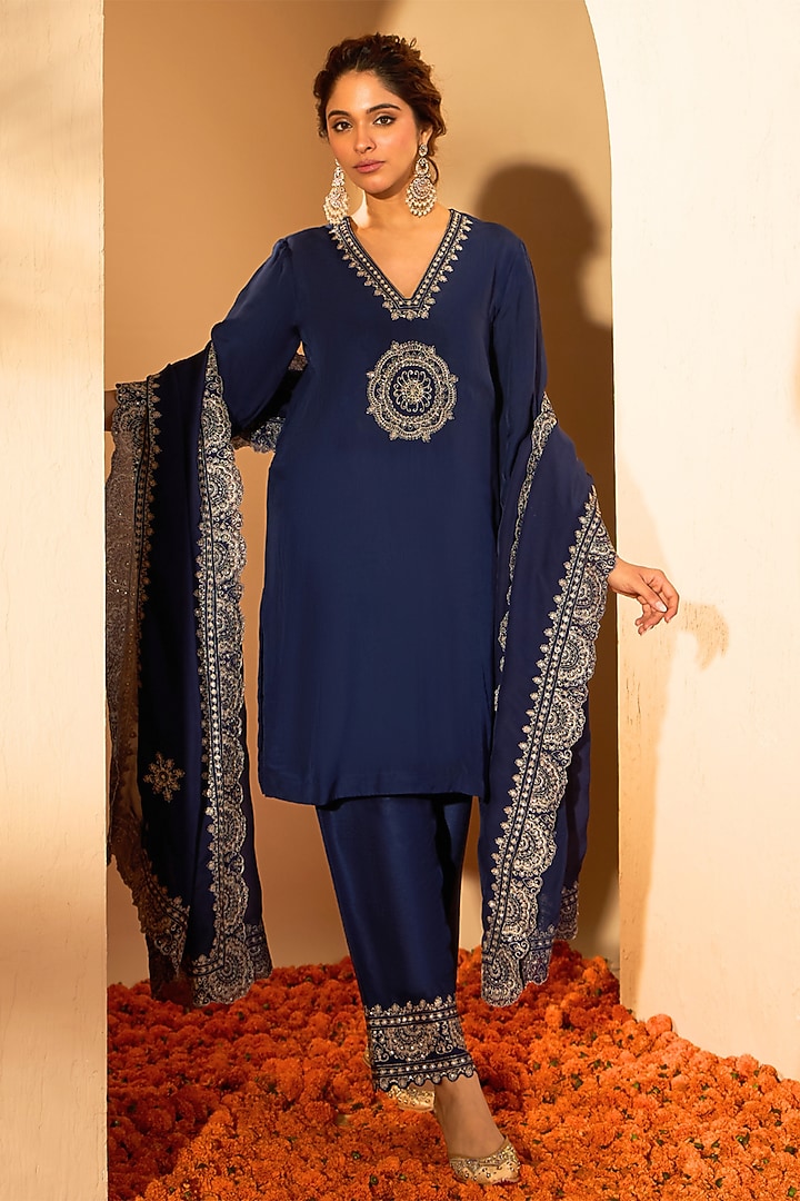 Navy Blue Organza Fine Zari Embroidered Kurta Set by RoohbyRidhimaa at Pernia's Pop Up Shop