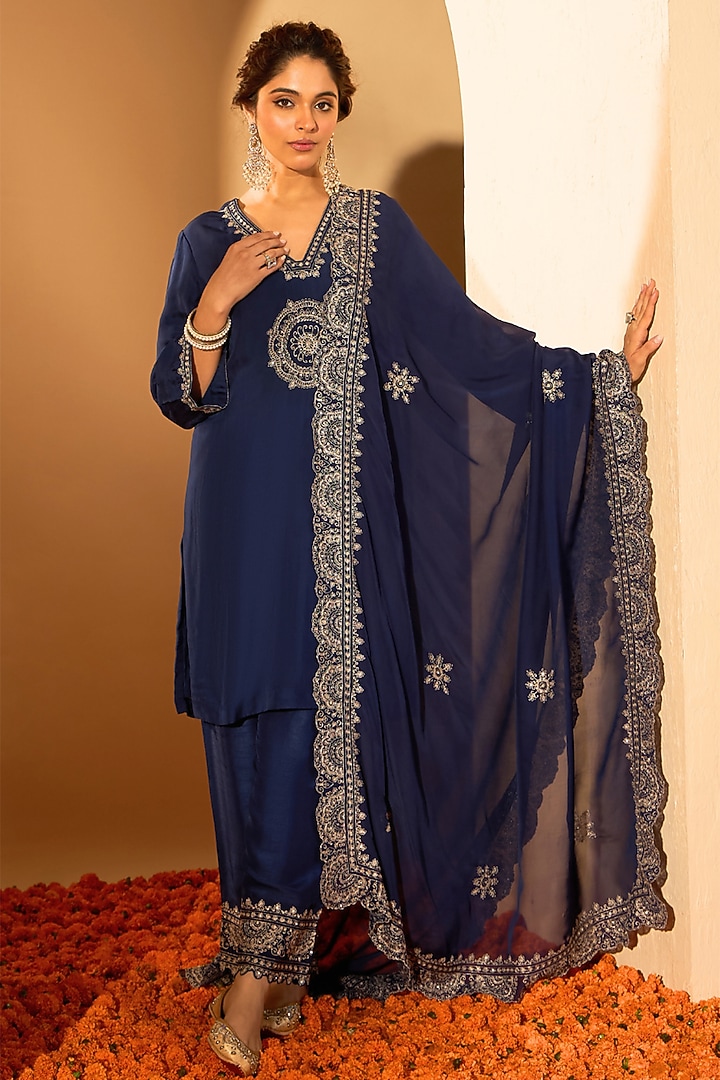 Navy Blue Organza Fine Zari Embroidered Kurta Set by RoohbyRidhimaa at Pernia's Pop Up Shop