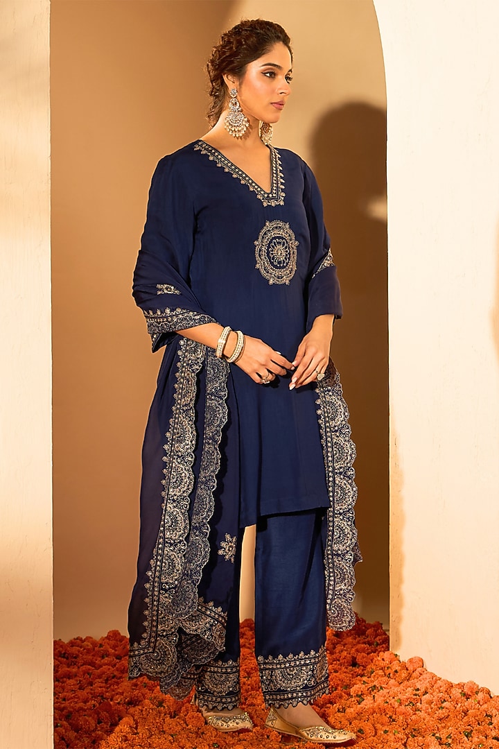 Navy Blue Organza Fine Zari Embroidered Kurta Set by RoohbyRidhimaa at Pernia's Pop Up Shop
