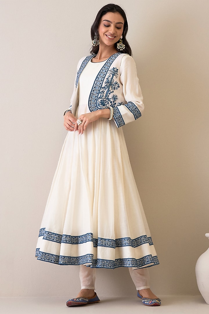 Off-White & Blue Pure Chanderi Resham Embroidered Jacket Set by RoohbyRidhimaa at Pernia's Pop Up Shop