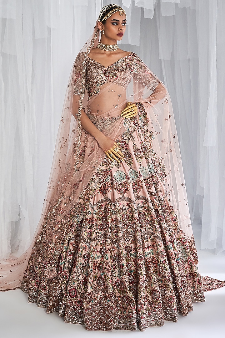 Champagne Pink Raw Silk Embroidered Bridal Lehenga Set by Dolly J at Pernia's Pop Up Shop