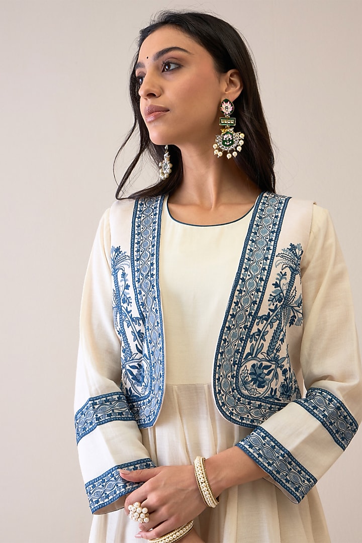 Off-White & Blue Pure Chanderi Resham Embroidered Jacket Set by RoohbyRidhimaa at Pernia's Pop Up Shop