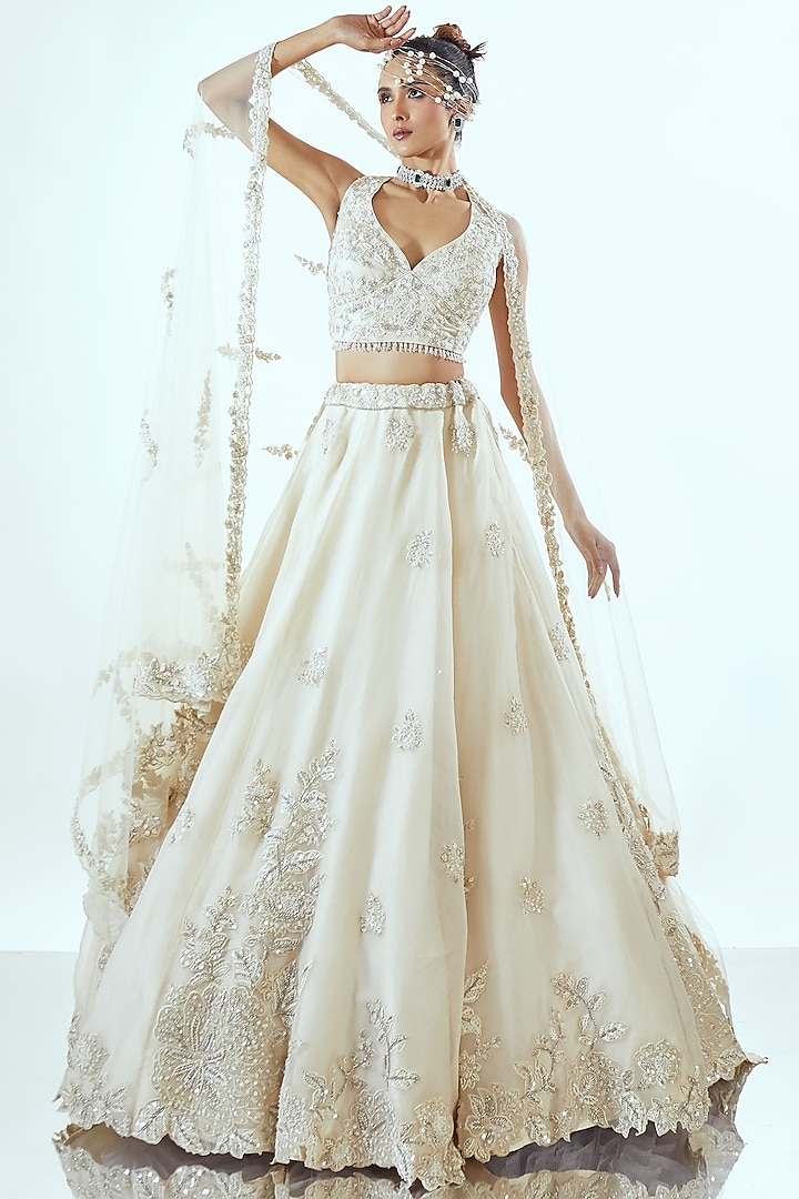 Ivory Organza Glass Beads Embroidered Wedding Lehenga Set by Pallavi Poddar (India) at Pernia's Pop Up Shop