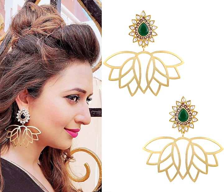 Nepra by Neha Goel presents Gold finish lotus drop earrings available only at Pernia's Pop Up Shop.