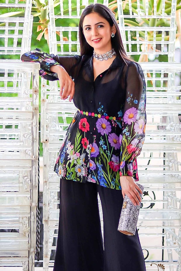 Black Embroidered Pant Set by DOHR INDIA at Pernia's Pop Up Shop