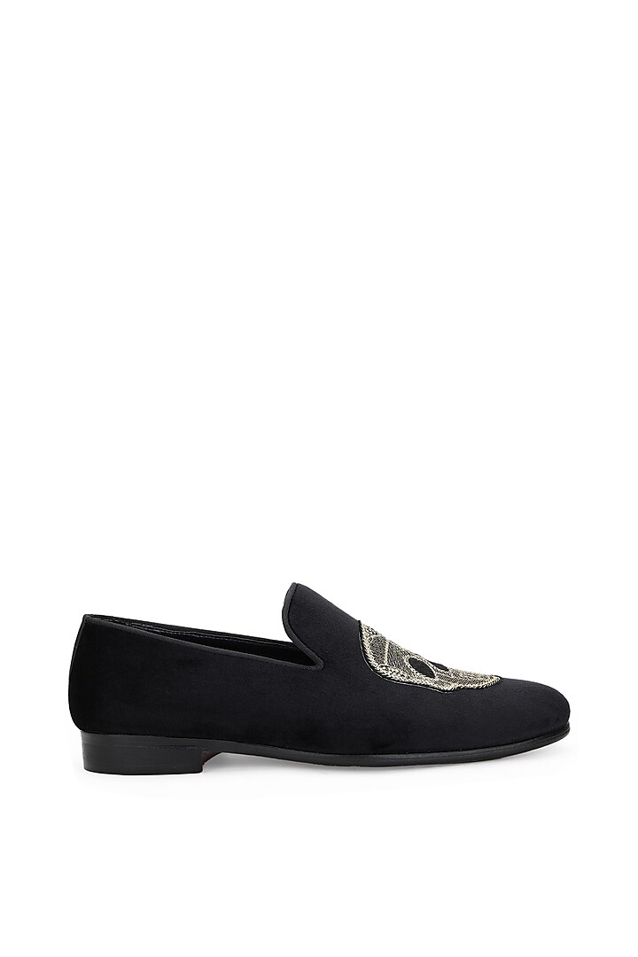 Black Velvet Hand Embroidered Slip-On Shoes by SHUTIQ at Pernia's Pop Up Shop