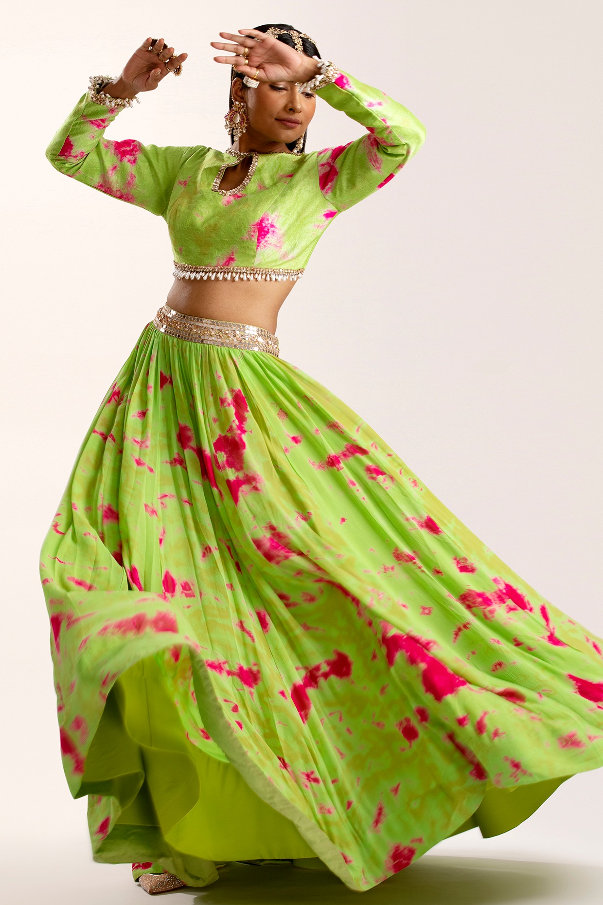 Tie –dye Layered Lehenga Paired With One Shoulder Tie Up Blouse –  shwetangadesign