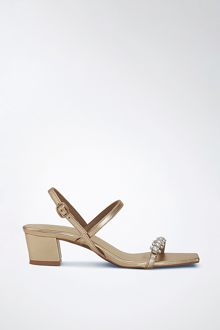 Gold Vegan Leather Diamond Embellished Block Heels by Signature Sole at Pernia's Pop Up Shop